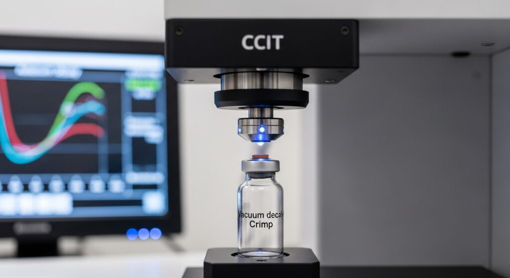 A close-up photograph of a modern deterministic CCIT testing chamber actively assessing the seal of a glass pharmaceutical vial. In the background, an analytical monitor displays a real-time graph, illustrating objective leak detection data in a laboratory setting.