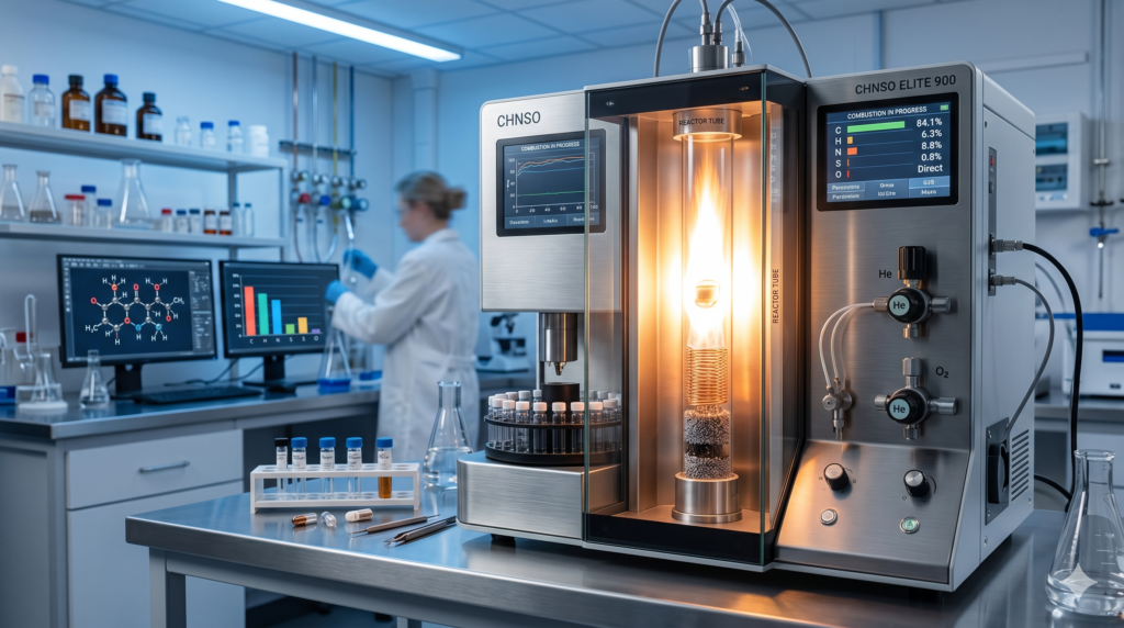 A detailed photograph of a functioning scientific elemental analyzer machine in a laboratory, featuring a bright flame inside its combustion tube and data screens displaying elemental percentages.