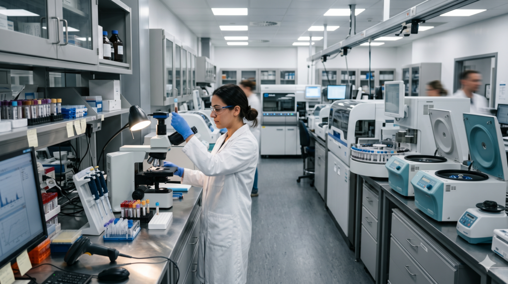 A female laboratory scientist in a white coat and blue gloves examines a specimen tube within a modern, well-lit clinical lab filled with automated analyzers and centrifuges.