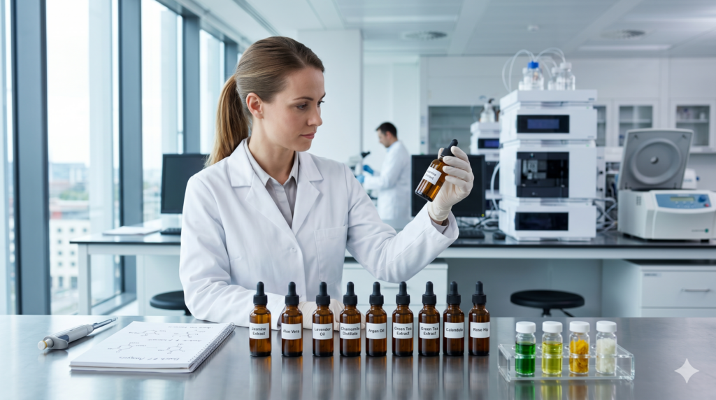 A female cosmetics scientist in a white lab coat sits at a stainless steel benchtop, carefully examining an amber glass dropper bottle from a row of botanical extracts in a modern, bright laboratory.