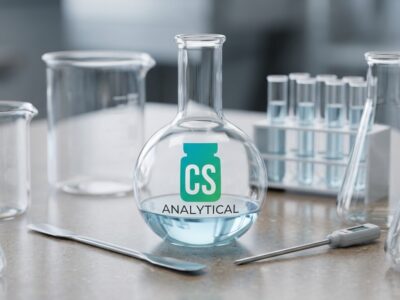 close-up image of laboratory glassware on a modern benchtop, the central flask has the CS analytical logo on it.