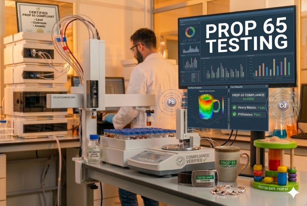 Analytical lab equipment and computer monitors displaying Prop 65 heavy metal testing results for consumer products like a mug, belt, and toy.