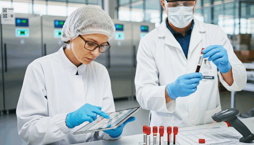 Two researchers, one female and one male, examine samples in vacutainers before storing them in a lab setting.
