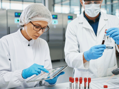 Two researchers, one female and one male, examine samples in vacutainers before storing them in a lab setting.