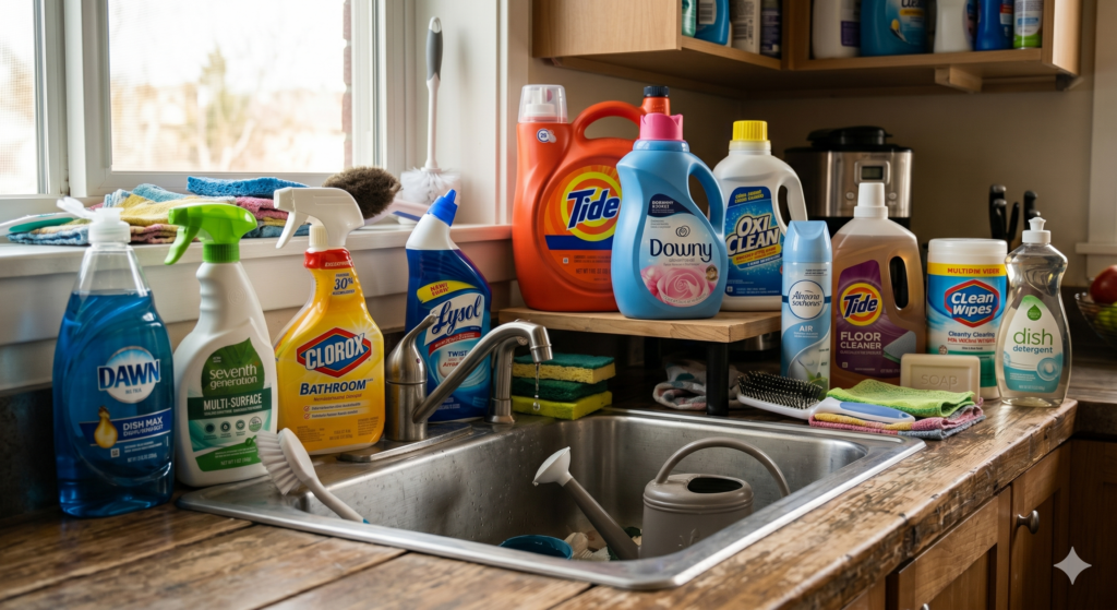 A wide variety of common household cleaning products, including laundry detergents (Tide, Downy), surface sprays (Clorox, Windex, Seventh Generation), and dish soap (Dawn, Seventh Generation), are clustered realistically on a wooden kitchen countertop and windowsill next to a stainless steel sink filled with dishes and sponges. The setting is a functional, unposed domestic kitchen.