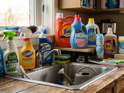 A wide variety of common household cleaning products, including laundry detergents (Tide, Downy), surface sprays (Clorox, Windex, Seventh Generation), and dish soap (Dawn, Seventh Generation), are clustered realistically on a wooden kitchen countertop and windowsill next to a stainless steel sink filled with dishes and sponges. The setting is a functional, unposed domestic kitchen.