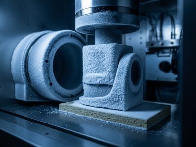 Frosted industrial components, possibly metal or ceramic, undergoing cold-weather testing in a laboratory chamber. A thick layer of frost covers the parts, suggesting extreme low temperatures.