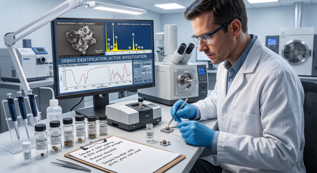 A laboratory scientist wearing cGMP-compliant nitrile gloves handles a forensic debris sample with metal tweezers. The pristine workstation features glass sample vials, a benchtop FTIR spectrometer, and a monitor displaying SEM-EDX elemental analysis and FTIR spectral fingerprints for root cause identification of an unknown manufacturing contaminant.