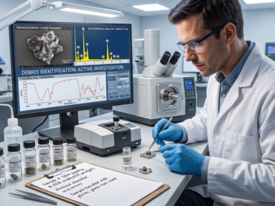 A laboratory scientist wearing cGMP-compliant nitrile gloves handles a forensic debris sample with metal tweezers. The pristine workstation features glass sample vials, a benchtop FTIR spectrometer, and a monitor displaying SEM-EDX elemental analysis and FTIR spectral fingerprints for root cause identification of an unknown manufacturing contaminant.