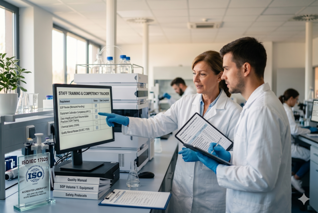 A photograph of two scientists, a woman and a man in lab coats and gloves, standing in a modern, sunlit laboratory. They are looking at a computer monitor that displays a list titled 'STAFF TRAINING & COMPETENCY TRACKER'. The list, showing checkmarks, includes items like 'SOP Review (Biohazard Handling)', 'Equipment Calibration Competency (HPLC)', and 'Quality Manual Review (ISO/IEC 17025)'. The woman points to an item on the screen, and the man holds a tablet with a form titled 'TRAINING AND COMPETENCY VERIFICATION FORM' and a pen. In the foreground, on the workbench, is a clear award plaque that reads 'ISO/IEC 17025 ACCREDITED LABORATORY' and a stack of manuals with labels 'Quality Manual', 'SOP Volume 1: Equipment', and 'Safety Protocols'. Background elements include other researchers working, complex, stacked analytical equipment, and large windows. A potted plant sits near the monitor. The image captures the text on the screen, plaque, and manuals clearly. It is a realistic photograph.