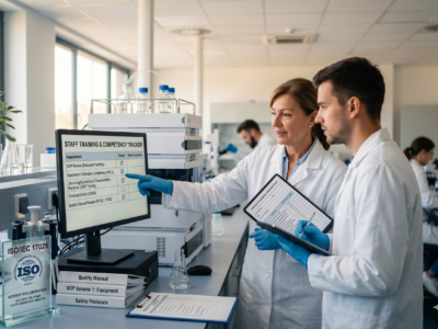 A photograph of two scientists, a woman and a man in lab coats and gloves, standing in a modern, sunlit laboratory. They are looking at a computer monitor that displays a list titled 'STAFF TRAINING & COMPETENCY TRACKER'. The list, showing checkmarks, includes items like 'SOP Review (Biohazard Handling)', 'Equipment Calibration Competency (HPLC)', and 'Quality Manual Review (ISO/IEC 17025)'. The woman points to an item on the screen, and the man holds a tablet with a form titled 'TRAINING AND COMPETENCY VERIFICATION FORM' and a pen. In the foreground, on the workbench, is a clear award plaque that reads 'ISO/IEC 17025 ACCREDITED LABORATORY' and a stack of manuals with labels 'Quality Manual', 'SOP Volume 1: Equipment', and 'Safety Protocols'. Background elements include other researchers working, complex, stacked analytical equipment, and large windows. A potted plant sits near the monitor. The image captures the text on the screen, plaque, and manuals clearly. It is a realistic photograph.