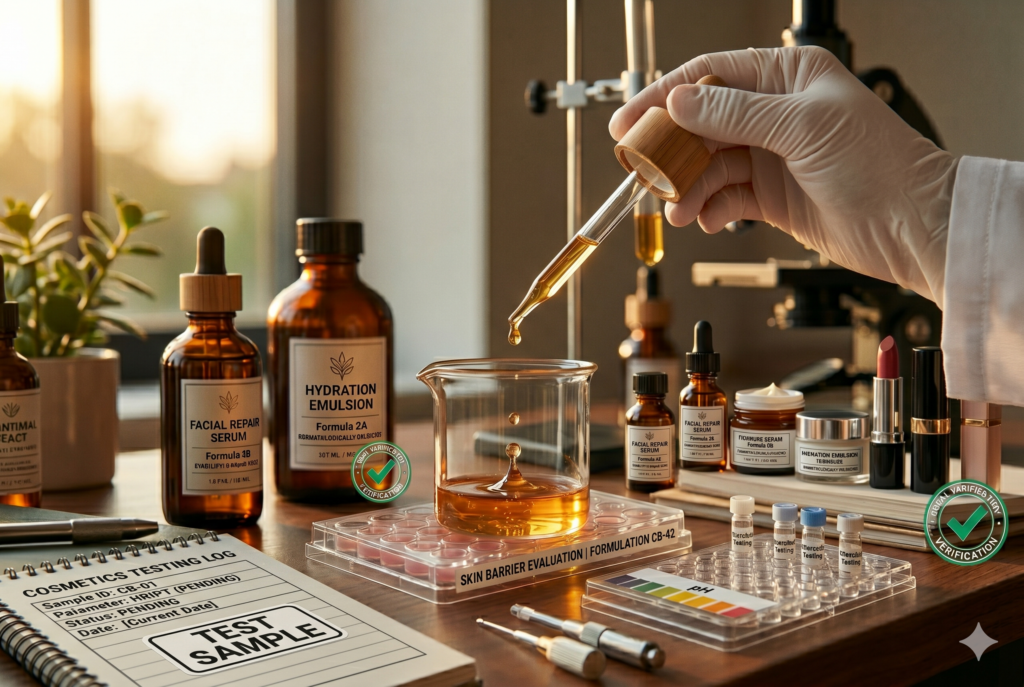 A gloved hand using a glass dropper to dispense golden liquid into a beaker on a wooden lab bench, surrounded by amber cosmetic bottles, lipsticks, a microscope, and a cosmetics testing log under warm, natural lighting.