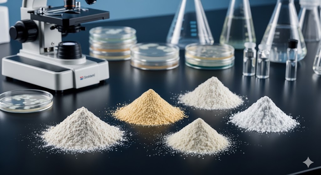 various powsered foods on a lab bench preparing for Cronobacter sakazakii testing