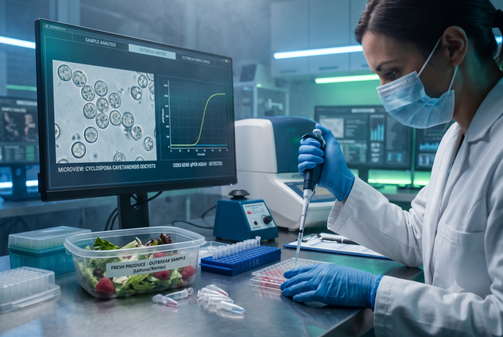 A female laboratory scientist in a mask and gloves uses a micropipette to prepare a fresh produce sample for testing. A large monitor in the background displays microscopic Cyclospora cayetanensis oocysts alongside a qPCR amplification curve for the Cox3 gene. A container labeled "Fresh Produce - Outbreak Sample" sits on the stainless steel lab counter.