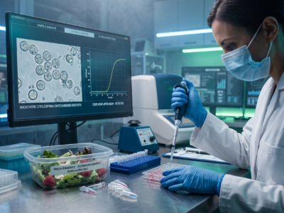 A female laboratory scientist in a mask and gloves uses a micropipette to prepare a fresh produce sample for testing. A large monitor in the background displays microscopic Cyclospora cayetanensis oocysts alongside a qPCR amplification curve for the Cox3 gene. A container labeled "Fresh Produce - Outbreak Sample" sits on the stainless steel lab counter.