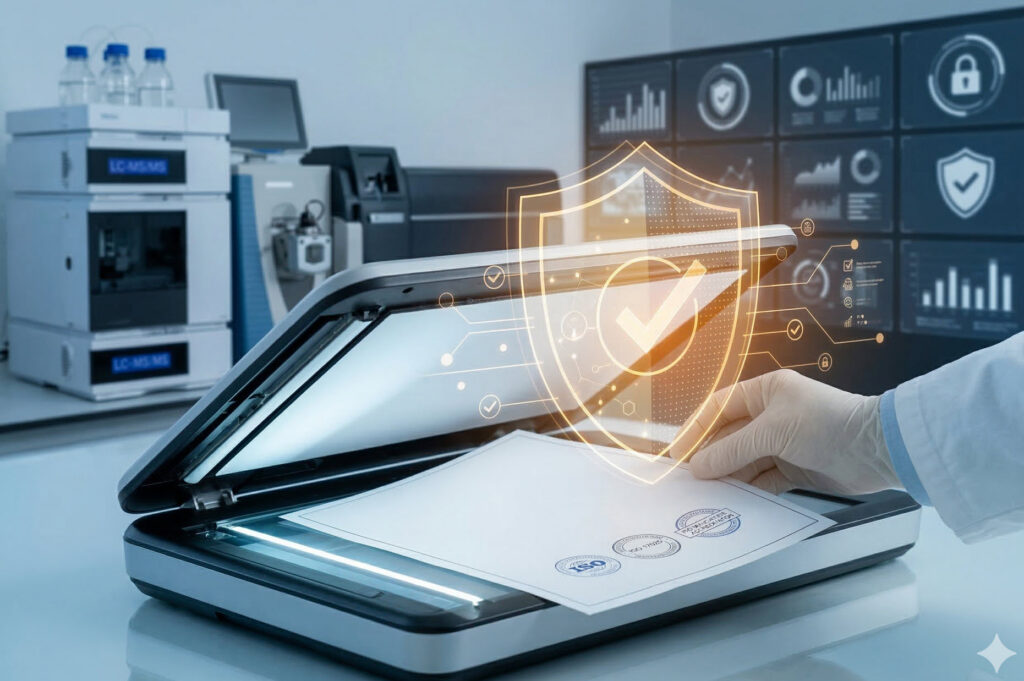 A gloved hand Lowering an official (blank text, only seals visible) ISO/IEC 17025 validation certificate onto an illuminated scanner, while a metaphorical (non-text) energy shield emanates to secure the digital transfer.