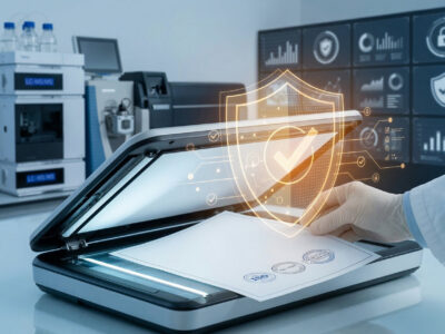 A gloved hand Lowering an official (blank text, only seals visible) ISO/IEC 17025 validation certificate onto an illuminated scanner, while a metaphorical (non-text) energy shield emanates to secure the digital transfer.