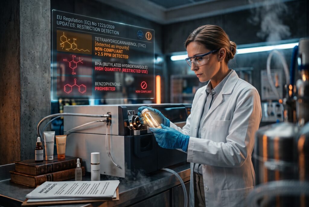 Female scientist in a lab coat, safety glasses, and blue gloves examining a glowing cosmetic sample vial in a sophisticated laboratory. A large, transparent holographic head-up display (HUD) shows test results for EU Cosmetics Regulation (EC) No 1223/2009 updates. The display indicates non-compliant Cannabidiol (CBD) due to high THC levels, high quantities of restricted BHA (Butylated Hydroxyanisole), and prohibited Benzophenone, with associated chemical structures and status icons. Behind her is analytical equipment, with books and sample bottles (including labels) in the foreground.