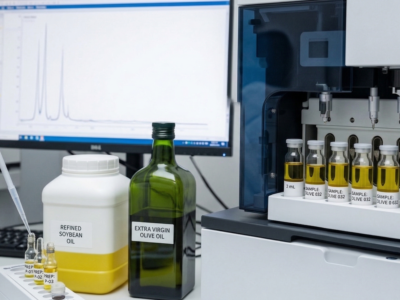 Laboratory technician preparing edible oil samples for gas chromatography (GC) analysis. The setup features source bottles of Refined Soybean Oil and Extra Virgin Olive Oil beside an autosampler loaded with test vials and a monitor displaying a lipid chromatogram.