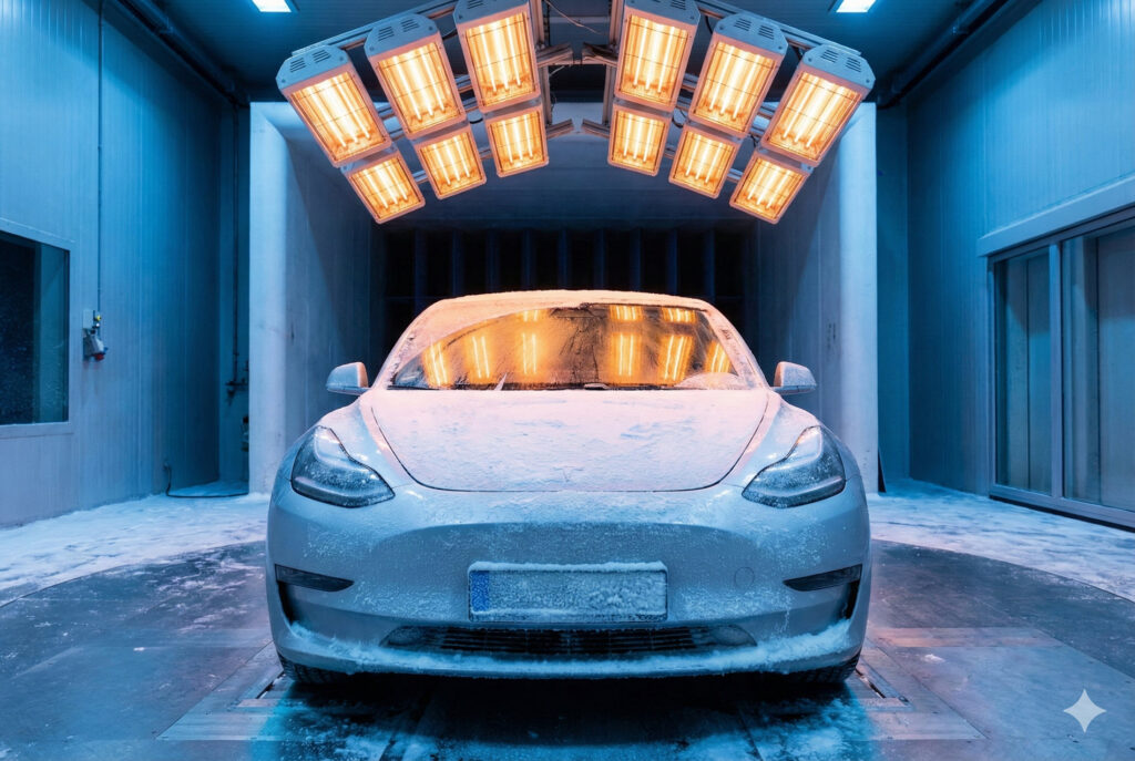 An automotive prototype undergoing freeze-thaw cycle testing in a climatic wind tunnel.