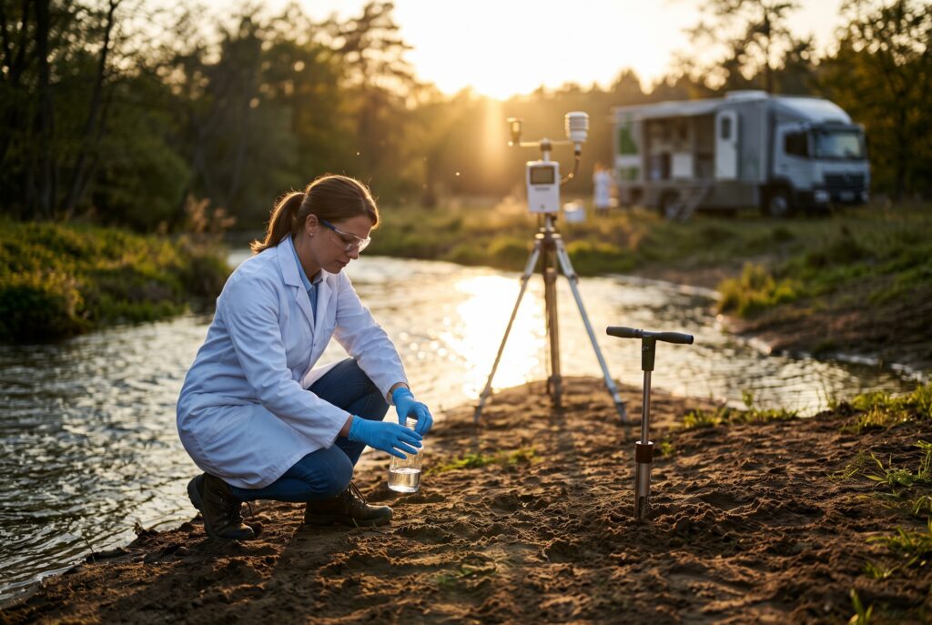 A female environmental scientist in a white lab coat, blue nitrile gloves, and safety glasses kneels on a riverbank during the golden hour to collect a water sample into a glass vial. A specialized mobile laboratory vehicle, a tripod-mounted air quality monitor, and a soil sampling probe are visible in the background.
