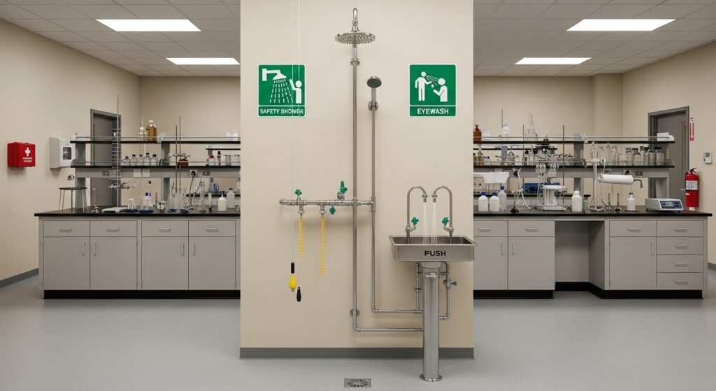 Emergency safety shower and eyewash combination unit in laboratory workspace
