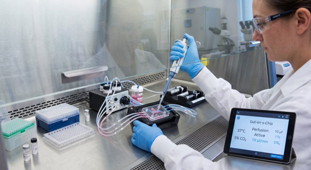 Scientist using a single-channel micropipette on a microfluidic organ-on-a-chip assay inside a sterile Class II Biosafety Cabinet, with a digital tablet displaying gut-on-a-chip perfusion metrics outside the sash for FDA NAMs nonclinical drug safety testing.