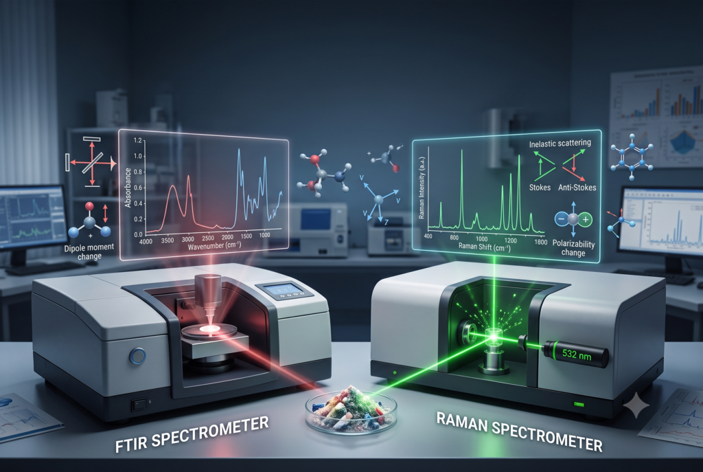 A labelled Fourier Transform Infrared (FTIR) spectrometer uses a red laser to generate absorbance versus wavenumber spectra. An adjacent Raman Spectrometer uses a green 532nm laser for inelastic scattering analysis of sample crystals. Educational holographic data displays explain dipole moment changes, polarizability changes, and Stokes/Anti-Stokes mechanisms.
