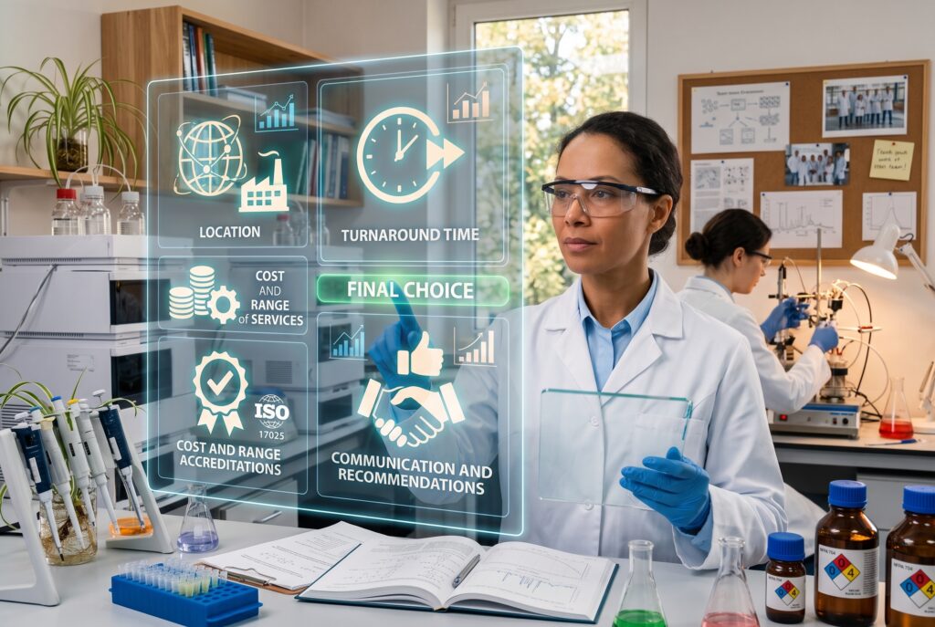 A photo of a scientist in a modern contract laboratory, potentially in Midland, Ontario, Canada, interacting with a holographic interface for contract laboratory selection. The female scientist wears safety glasses and blue gloves, holding a transparent tablet. The floating hologram displays key criteria for a 'FINAL CHOICE' of testing facility. In the background, another scientist works at a bench with equipment like a microscope, reagents with hazard symbols, and advanced liquid chromatography systems.