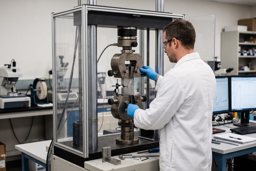 Metallurgist setting up a metal specimen for a fracture toughness test using a Universal Testing Machine in a failure analysis laboratory.