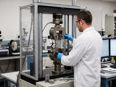 Metallurgist setting up a metal specimen for a fracture toughness test using a Universal Testing Machine in a failure analysis laboratory.