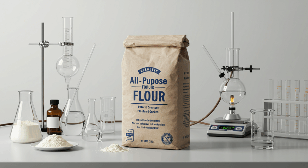 bag of flour on a laborator bench with assorted instruments and laboratory glassware suggesting the importance of flour testing for quality and safety