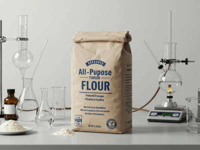 bag of flour on a laborator bench with assorted instruments and laboratory glassware suggesting the importance of flour testing for quality and safety