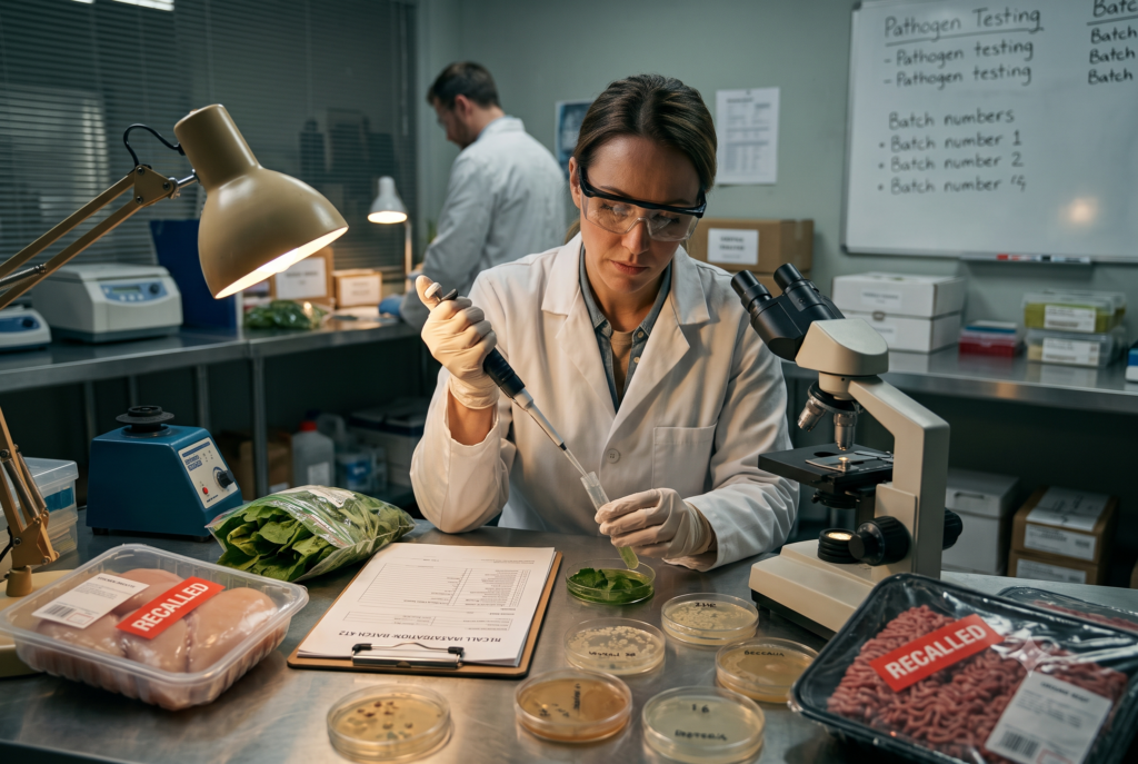 A photo of a scientist in a white lab coat using a pipette to put a sample into a petri dish. Bags of leafy greens, one with a "Recalled" sticker, are on the table next to a microscope. The background shows another scientist and a whiteboard with the text "Pathogen Testing."