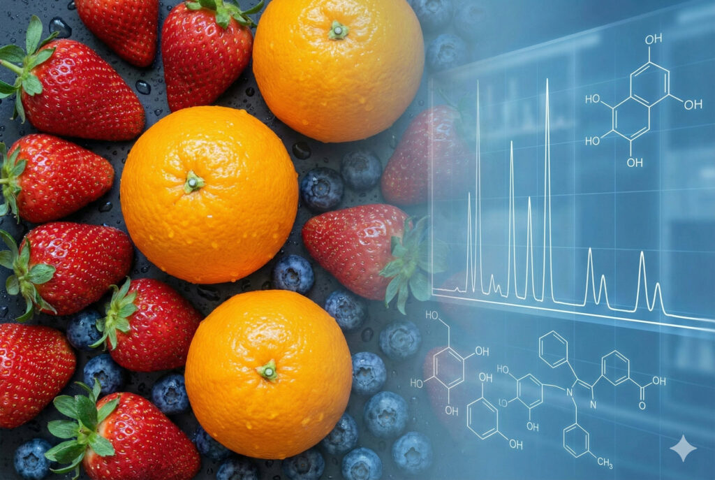 top-down shot of fresh, washed fruits (citrus and berries) with water droplets, taking up the left 2/3 of the frame. Overlaid on the right side (fading in) is a digital representation of a chromatogram graph or chemical molecular structures.