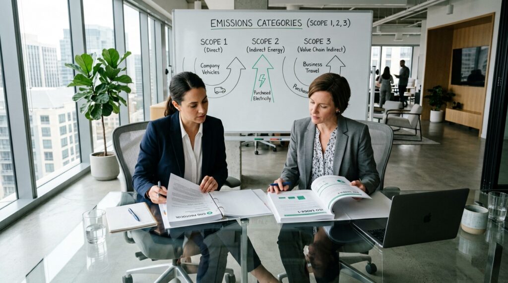 Compliance professional reviews GHG Protocol and ISO 14064-1 carbon emissions reporting standard documents at a corporate conference table.