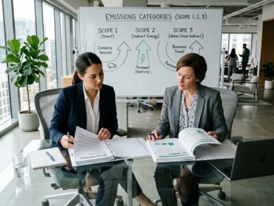 Compliance professional reviews GHG Protocol and ISO 14064-1 carbon emissions reporting standard documents at a corporate conference table.