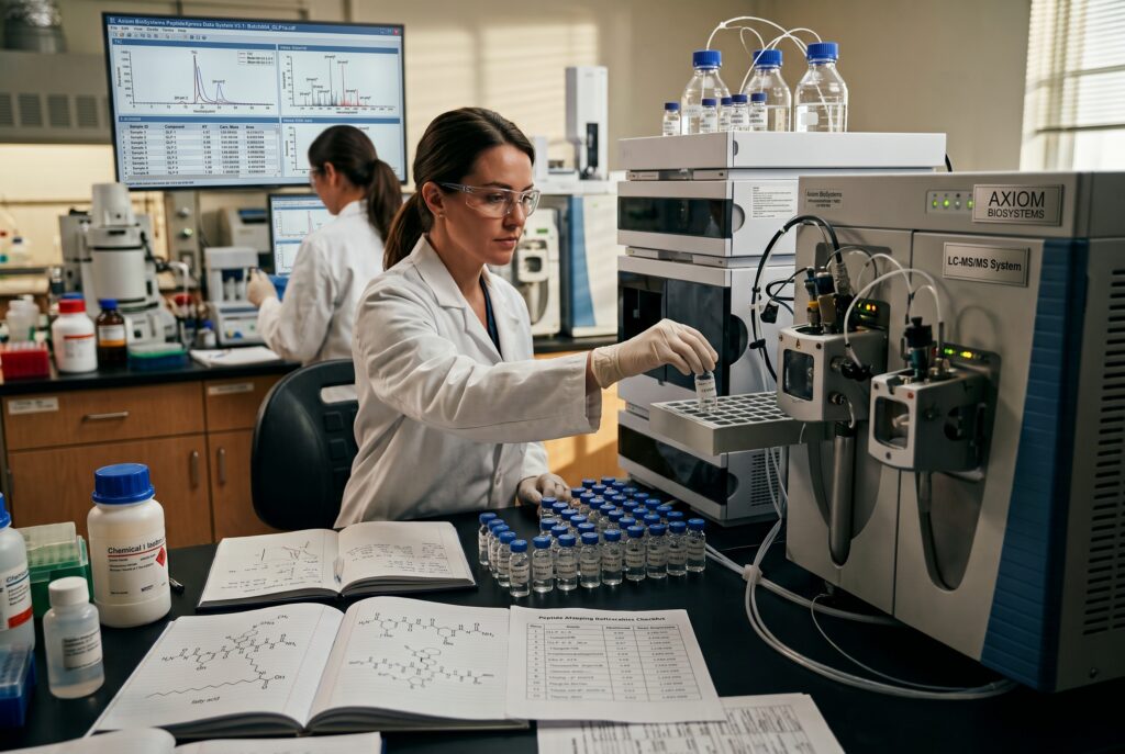 Analytical chemist loading sample vials into an LC-MS/MS instrument for complex peptide and GLP-1 analysis in a contract laboratory setting.