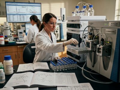 Analytical chemist loading sample vials into an LC-MS/MS instrument for complex peptide and GLP-1 analysis in a contract laboratory setting.
