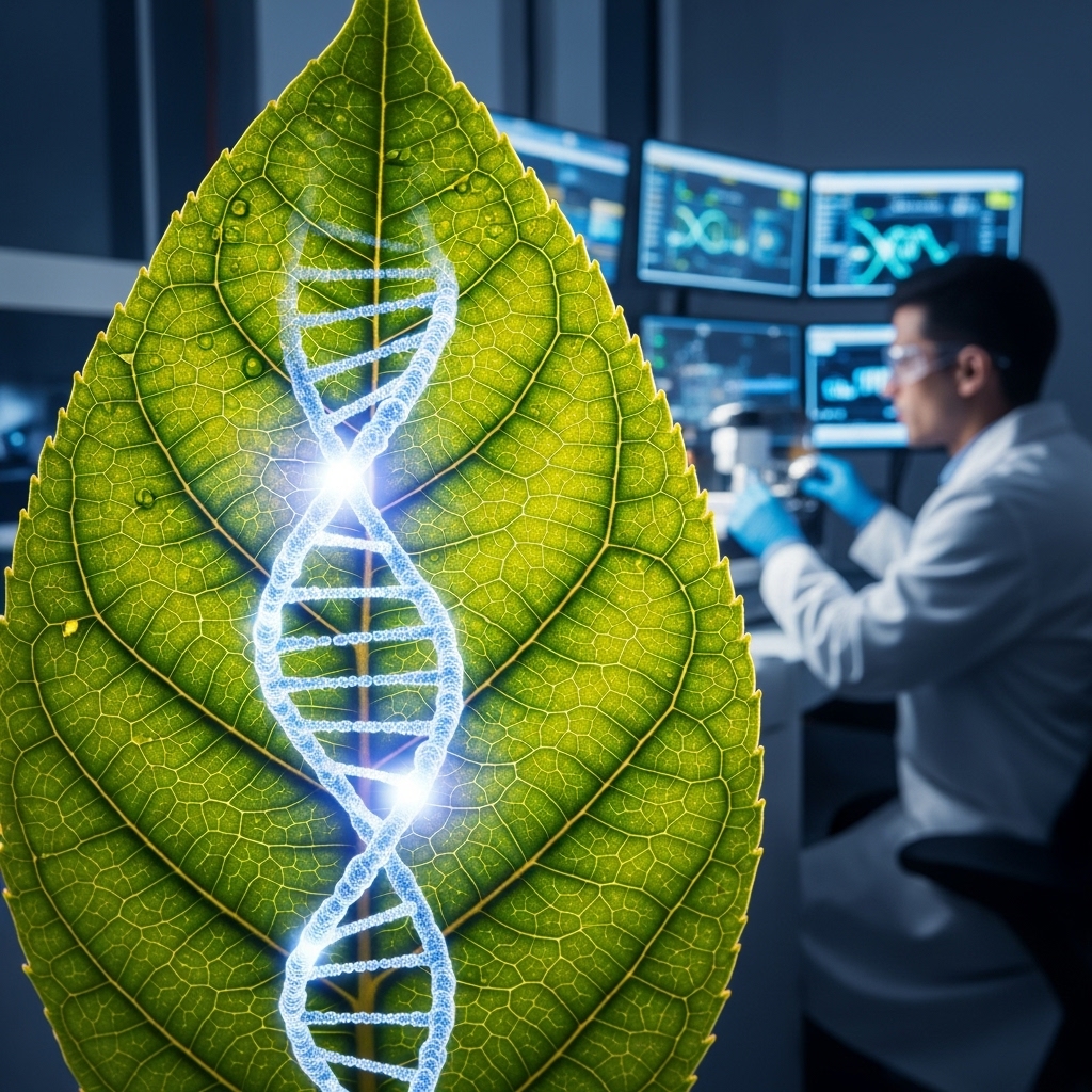 Close-up of a green leaf with a digitally superimposed glowing DNA double helix structure, with a scientist working at a computer and microscope in the blurred background of a laboratory.
