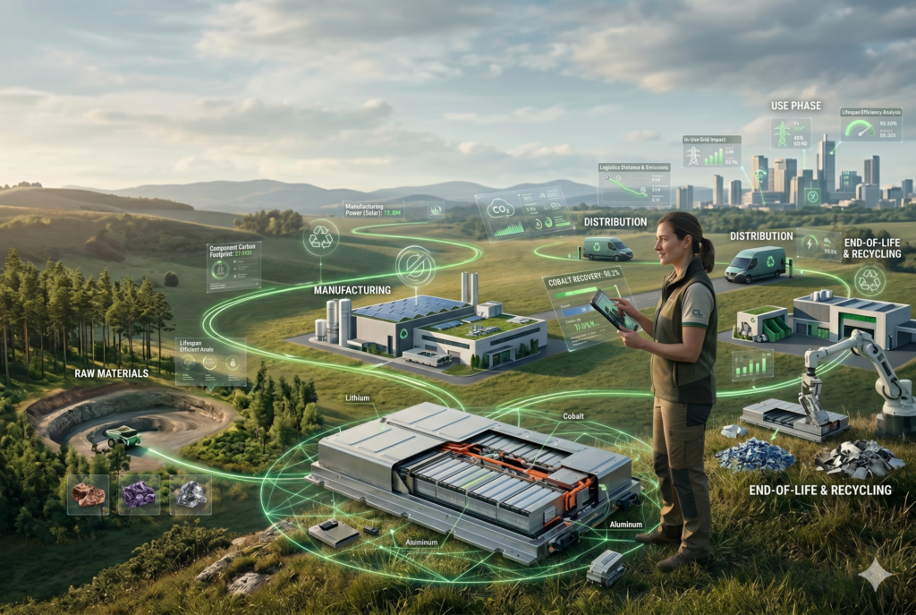 A sweeping landscape infographic illustrating the circular economy of electric vehicle batteries, showing stages from mining and manufacturing to recycling, with a woman in the foreground reviewing data on a tablet next to a battery pack.