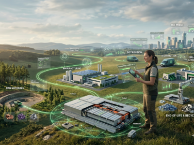 A sweeping landscape infographic illustrating the circular economy of electric vehicle batteries, showing stages from mining and manufacturing to recycling, with a woman in the foreground reviewing data on a tablet next to a battery pack.