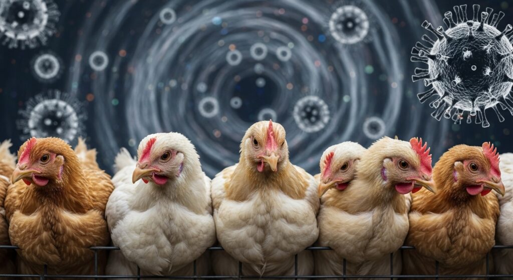 image of commercial chickens with a background showing H5N1 avian flu virus