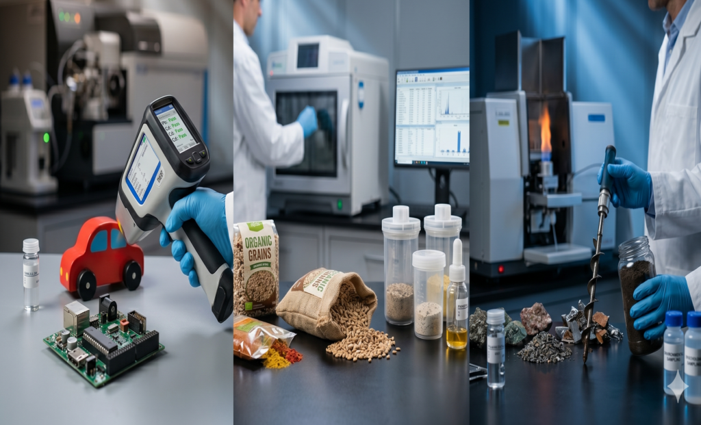A three-panel composite image illustrating analytical testing in a modern laboratory. Panels show researchers analyzing a red toy car and a circuit board using a handheld spectrometer, testing organic grains using automated sample prep equipment, and analyzing raw ores and metals using a large analytical instrument.