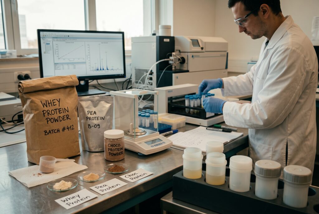 An analytical chemist loads digested protein powder samples into an ICP-MS autosampler for heavy metals testing, with whey, pea, and chocolate protein powders and microwave digestion vessels on the bench.