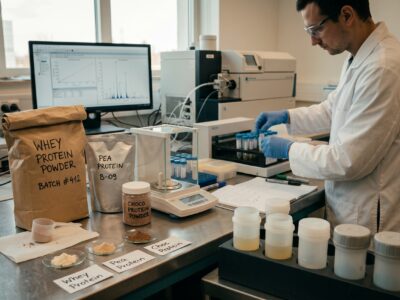 An analytical chemist loads digested protein powder samples into an ICP-MS autosampler for heavy metals testing, with whey, pea, and chocolate protein powders and microwave digestion vessels on the bench.