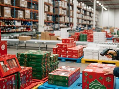 Warehouse employee scanning holiday-themed consumer goods as part of increased quality control during the holiday production surge.