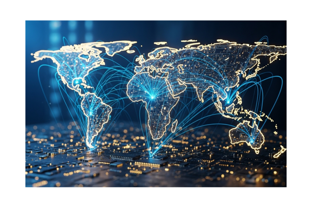 A futuristic world map made of glowing blue and orange circuits connected by network lines over a dark circuit board.