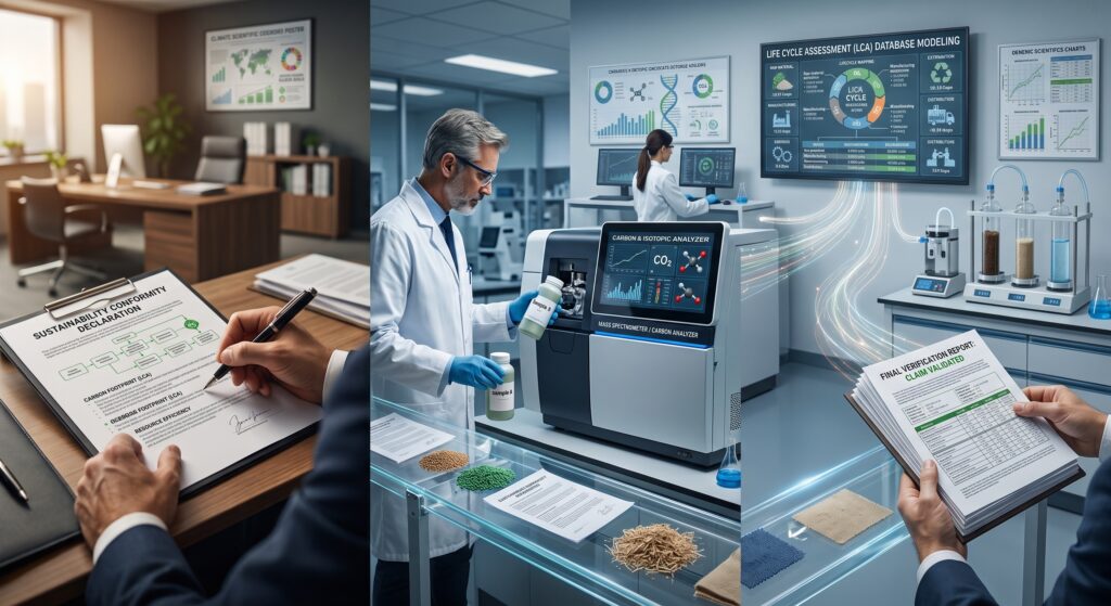 A three-part verification workflow showing a corporate sustainability claim being evaluated, a third-party laboratory scientist conducting physical carbon analysis on raw materials, and an audit-ready ISO 14067 product carbon footprint verification report.
