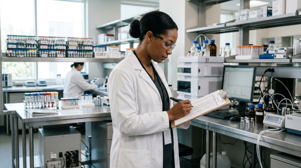 A quality assurance professional reviews ISO 9001 quality management system compliance documentation inside an accredited contract testing laboratory.